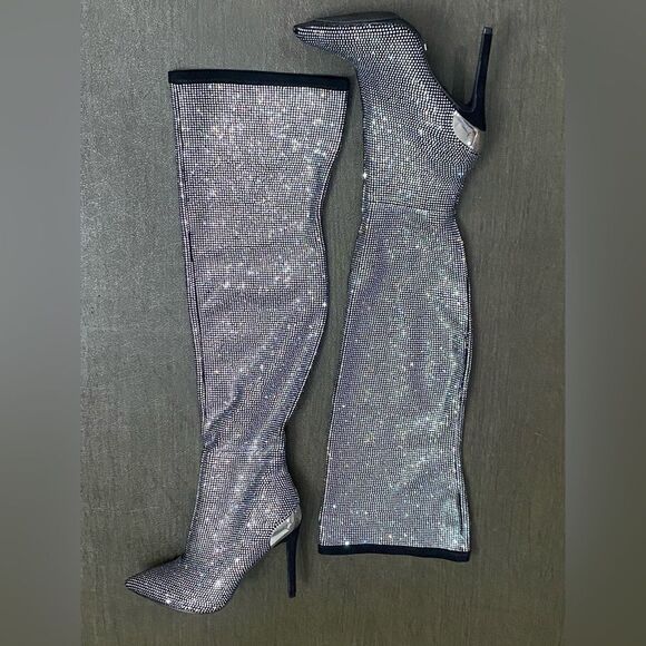 Bebe Rhinestone Beaded Thigh-Hi Boots Size 7 - Picture 3 of 13